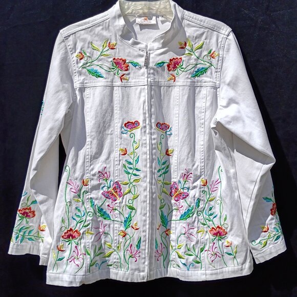 Quacker Factory Denim Jacket Womens M White Floral Embroidered Butterflies Zip - Picture 1 of 11